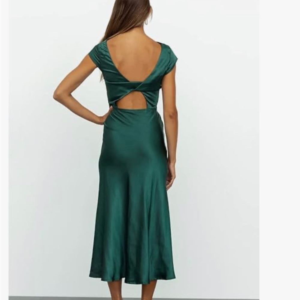 Open Back Green Satin Holiday Party Dress With Leg Slit